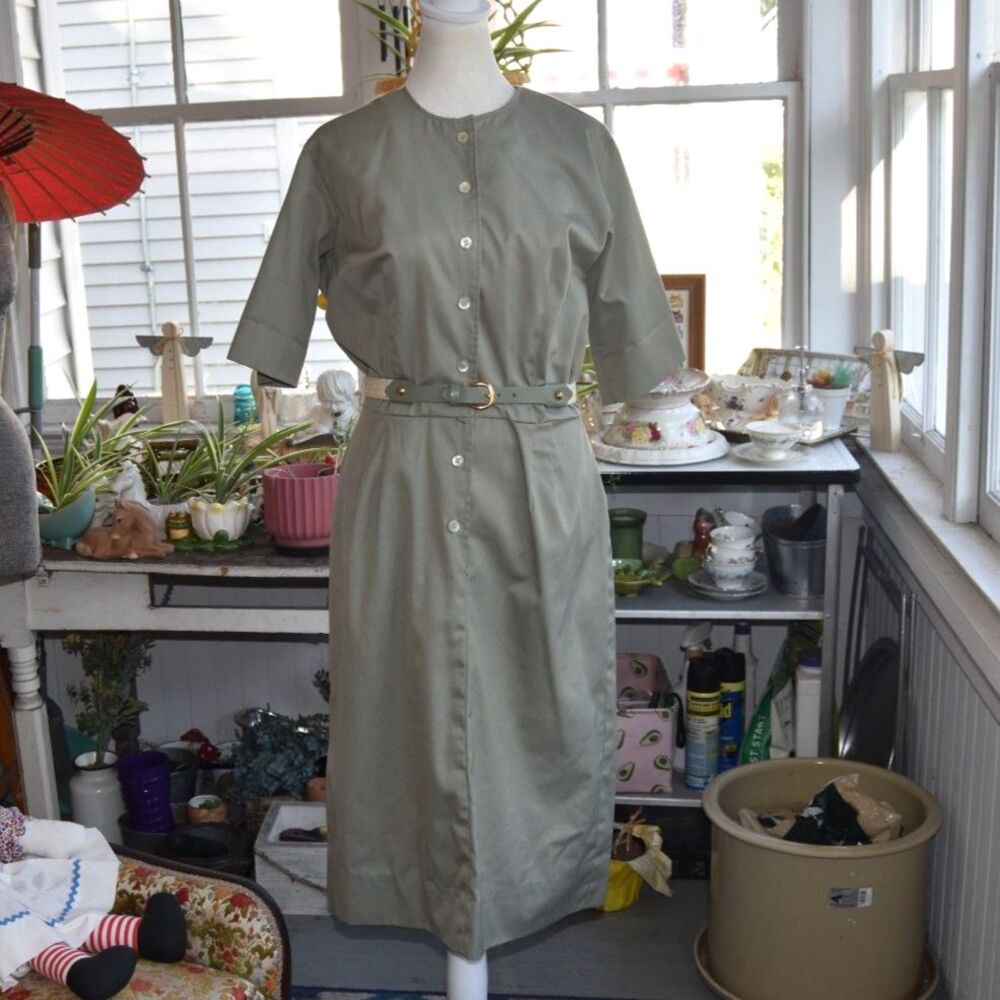 Vintage 1960s Country Miss Olive Green Belted Shirt Dress Size Medium Mod